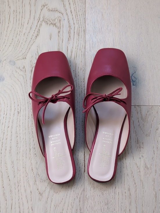 Shoes - Italian Red Leather Square-Toe Bow Slip-On Flats